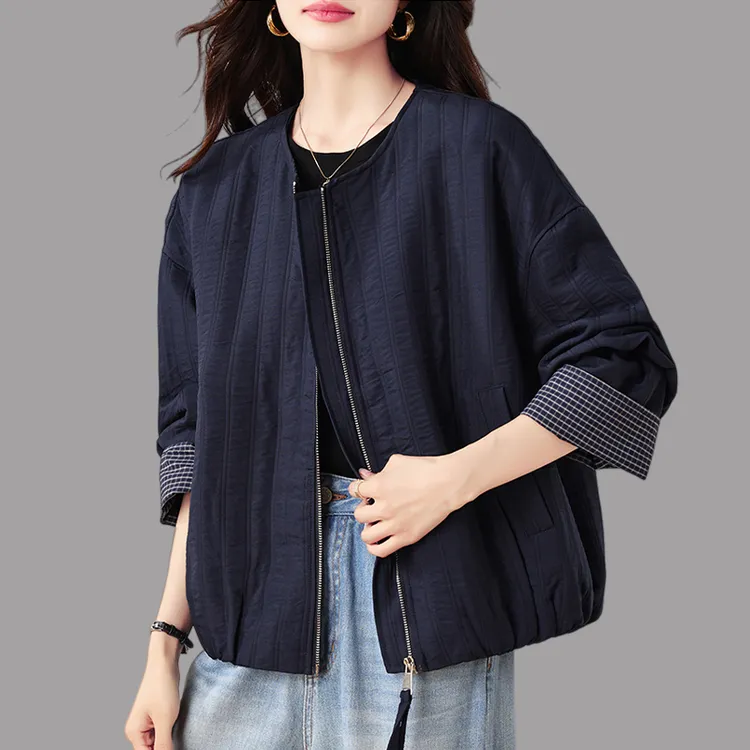 高级感绗缝圆领外套女2025秋冬新款时尚休闲显瘦格子拼接夹克上衣