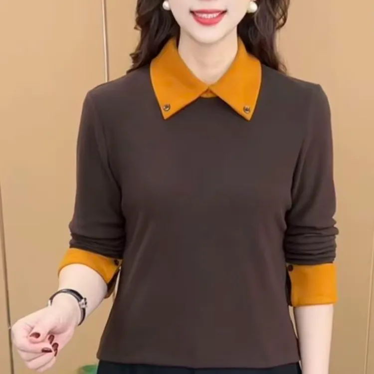 冬季新款双面绒长袖上衣气质百搭显瘦纯色拼色休闲娃娃领套头T恤