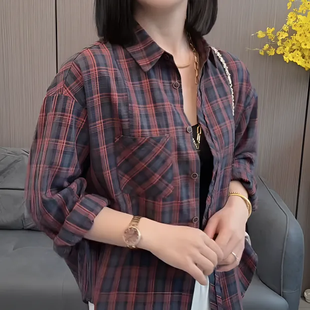 翻领格子衬衫女上衣潮2025年春秋季新款时尚休闲宽松显瘦长袖简约