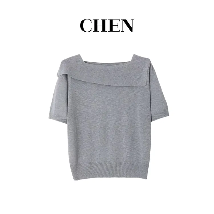 新款百搭时尚设计感纯色一字领短袖针织上衣LK2503129