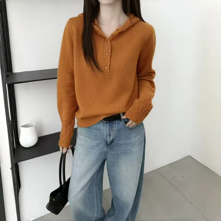 秋冬季轻奢韩版连帽针织衫秋季时尚休闲显瘦套头衫花边设计毛衣