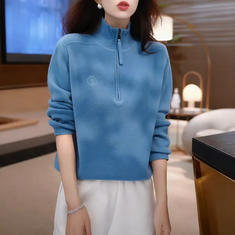 简约款式百搭显白蓝色针织衫女秋冬新款时尚休闲立领显瘦软糯毛衣