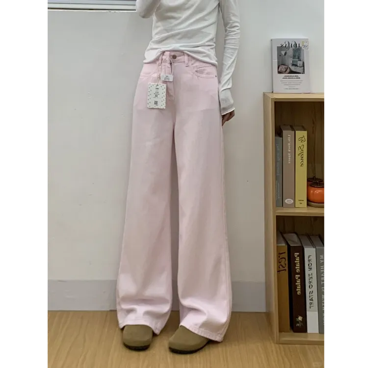 粉色宽松阔腿休闲牛仔裤女春秋款垂感拖地裤高腰显瘦直筒梨形身材