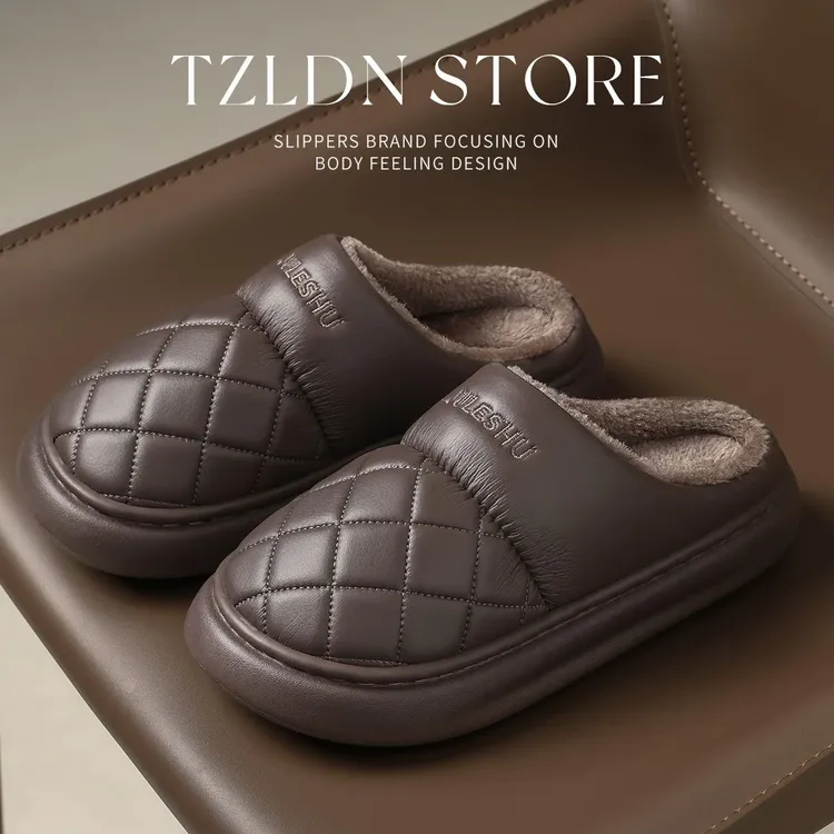 酷如意PU皮防水棉拖鞋男款冬季加厚底新款加绒防滑保暖大码棉拖男