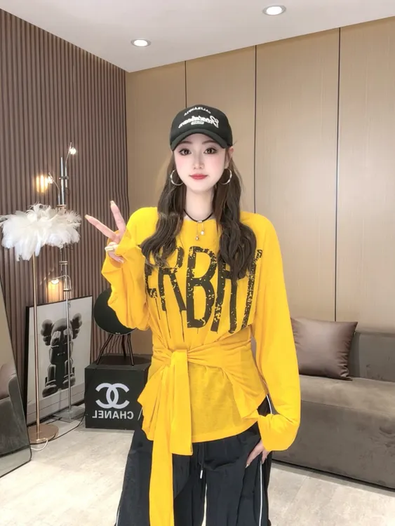 LL067绑带收腰字母印花长袖T恤 夏季薄款罩衫设计感上衣时尚休闲