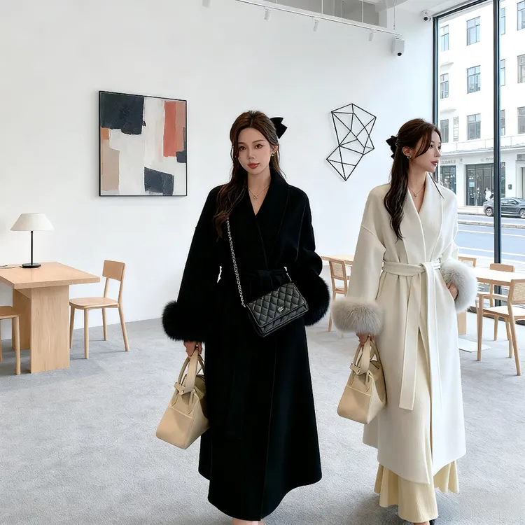 秋冬新款毛呢外套纯欲慵懒风女装高级狐狸毛爆款长款双面羊毛大衣