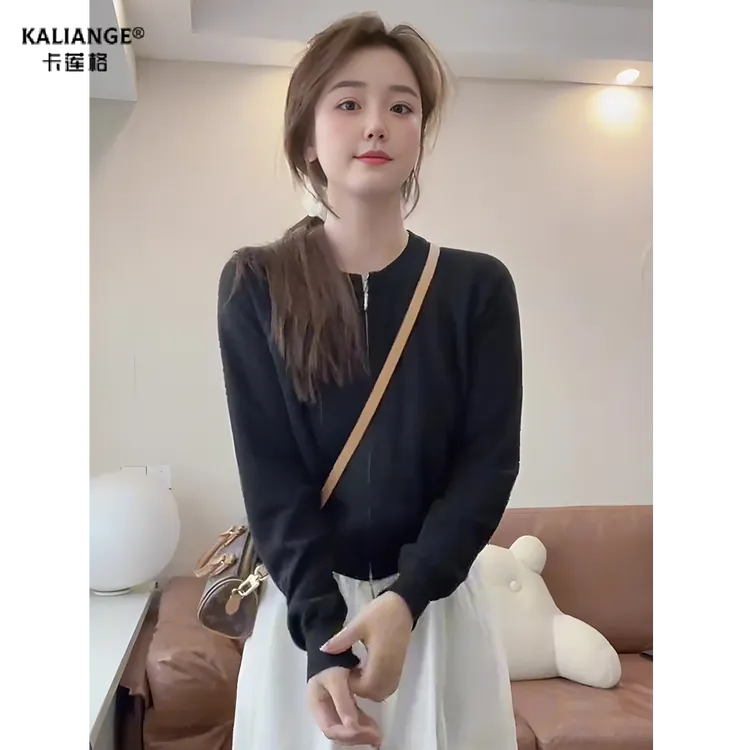 卡莲格/韩系慵懒风双拉链薄款长袖针织衫女秋季新款软糯毛衣外套
