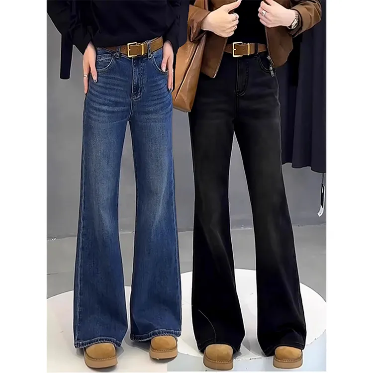 黑色高腰显瘦微喇牛仔裤女2025春新款大码胖mm遮肉百搭阔腿拖地裤