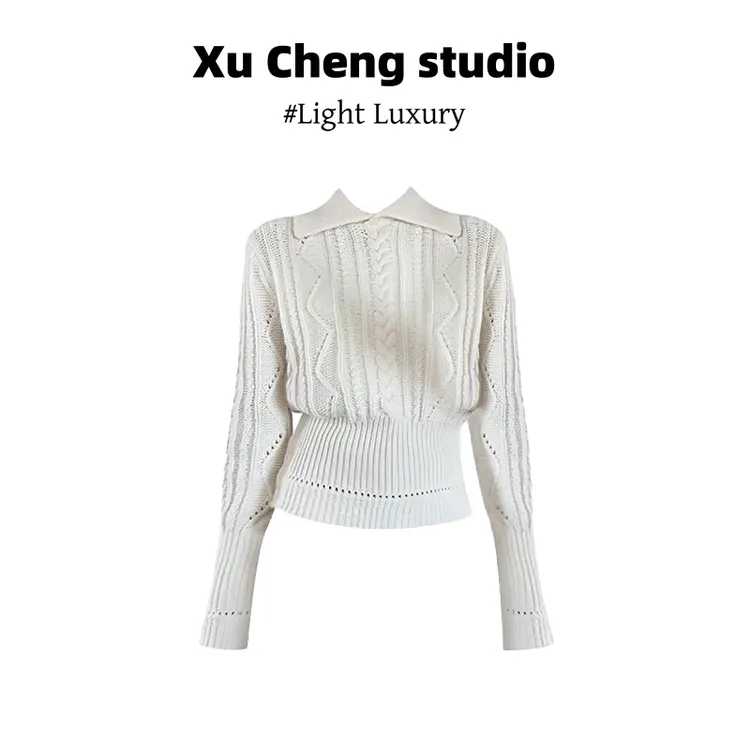 Xu Cheng独特漂亮小衫秋季毛衣气质修身显瘦翻领绞花针织长袖上衣