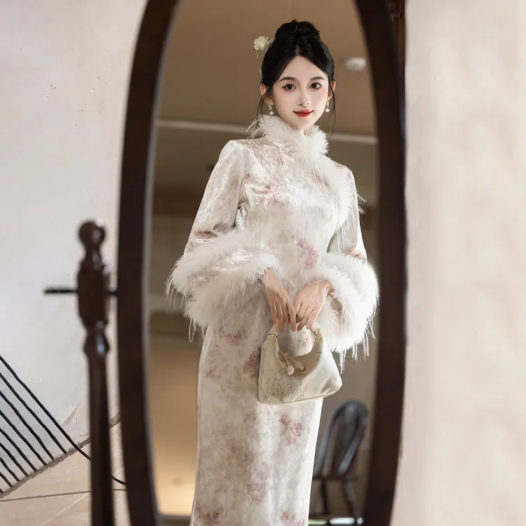 小个子粉色秋冬优雅高级感加绒旗袍少女长袖加厚保暖气质年轻款