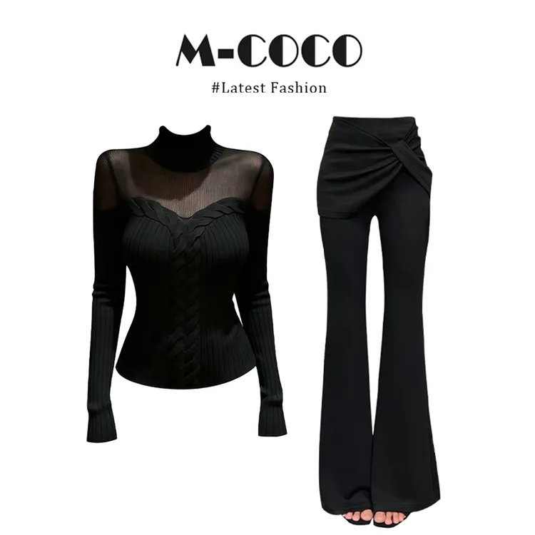 立体半高领微透拼接麻花针织衫修身显瘦喇叭裤冬季套装