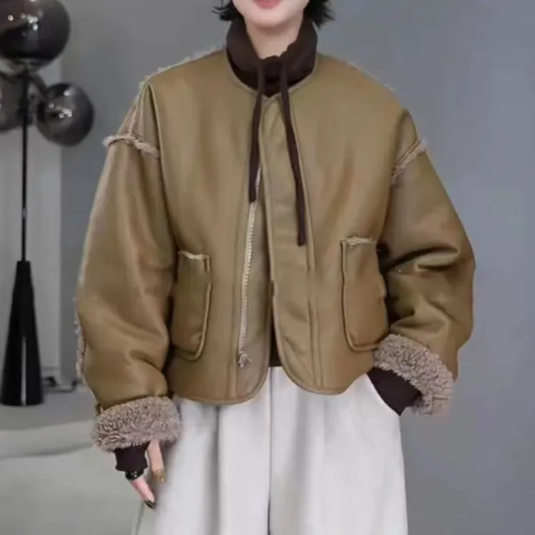 暖冬气场冬季皮毛拼接一体圆领拉链两面穿保暖休闲外套  