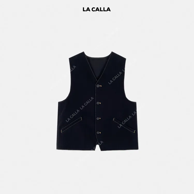 LA CALLA V领无袖黑牛马甲YY-WL6822