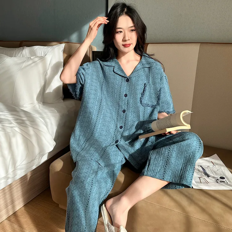 春夏大码睡衣女200斤胖妹妹纯棉短袖中裤家居服套装二百斤可外穿