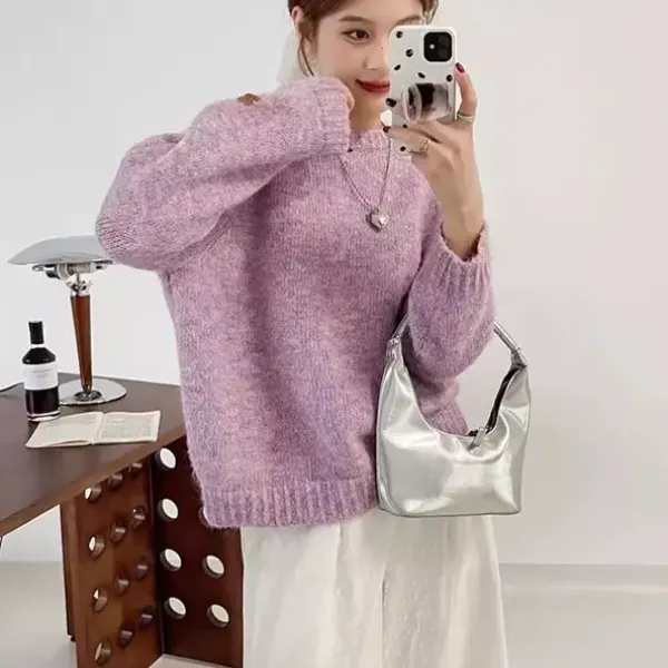 针织衫毛绒感套头圆领毛衣女时尚可外穿秋冬宽松慵懒风软糯上衣