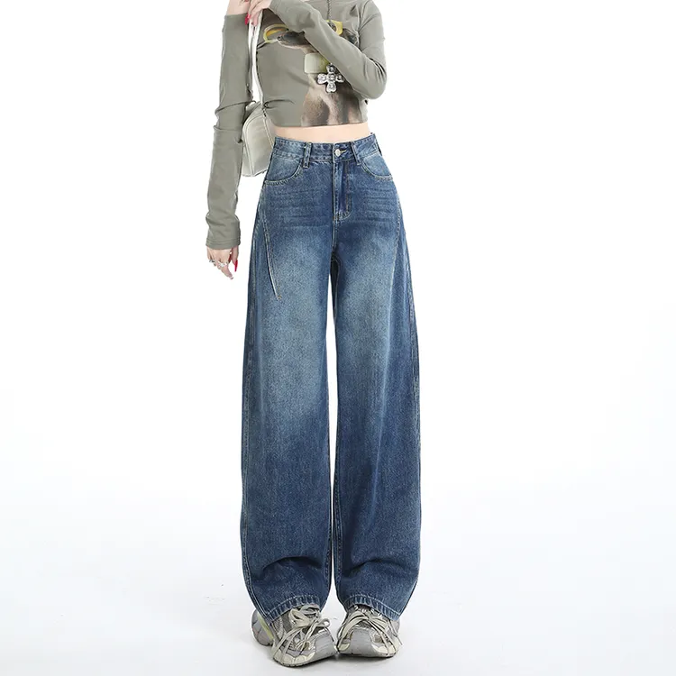 2025秋季新款特色后袋高腰弯刀阔腿牛仔裤女显瘦直筒宽松拖地裤