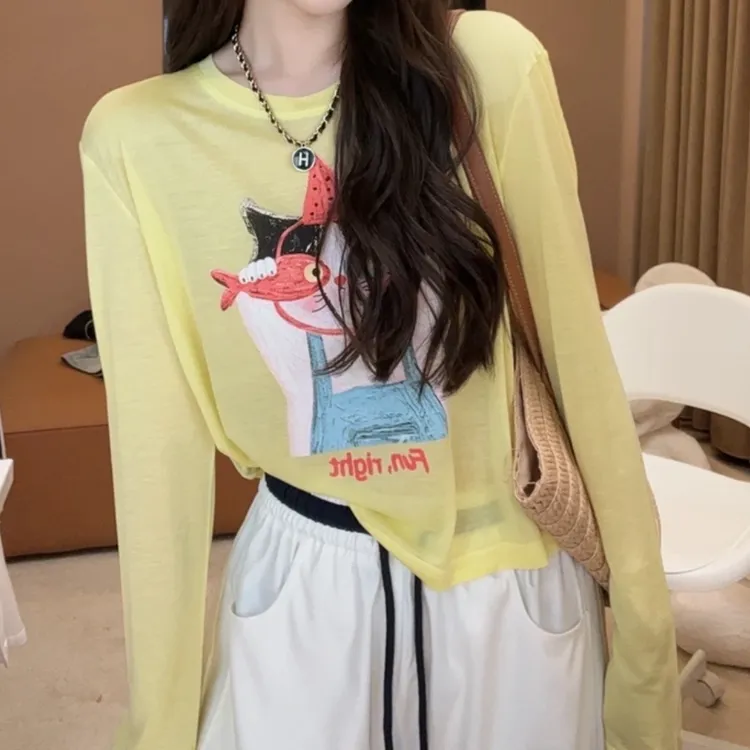 2025夏季新款韩版大码黄色长袖T恤女时尚卡通印花减龄圆领上衣潮