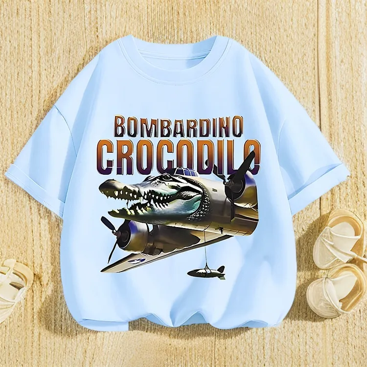 2025年款衣服儿童服装潮酷痞帅男女童t恤短袖山海经鳄鱼战斗机