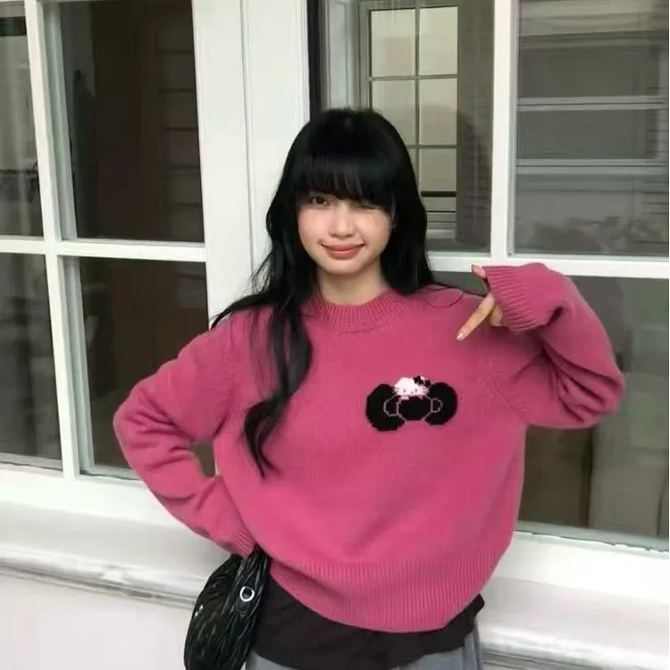 秋冬韩系宽松显瘦圆领长袖针织衫女蝴蝶结kitty猫毛衣上衣