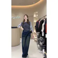 涵儿家 秋冬法式拼接针织假两件条纹上衣VS假两件直筒牛仔裤50058