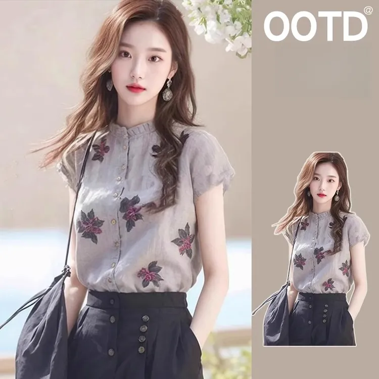 法式复古碎花立领短袖亚麻衬衫女设计感小众独特别致辣妹绝美上衣