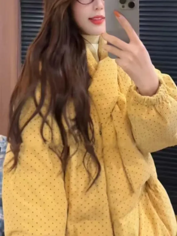 抗起球保暖宽松型耐脏女棉服圆点拼接外套百搭设计感棉服