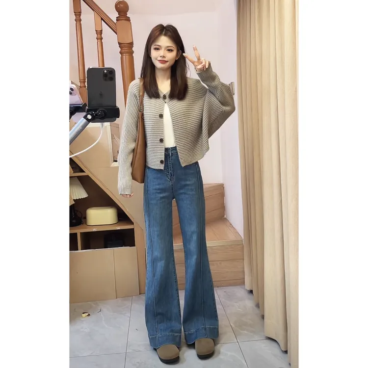 春季新款高腰阔腿裤微喇牛仔裤女新款修身宽松显瘦喇叭低腰裤子