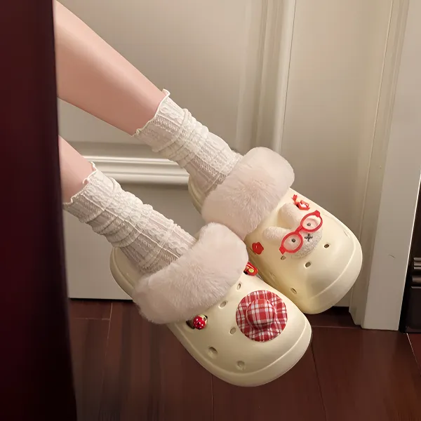 卡通风包头款包头拖棉拖鞋毛拖软底少女心加绒毛绒保暖冬天外穿女