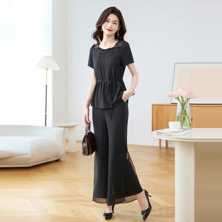 【两件套】25794夏季优雅气质时尚轻奢大气休闲修身显瘦短袖套裤