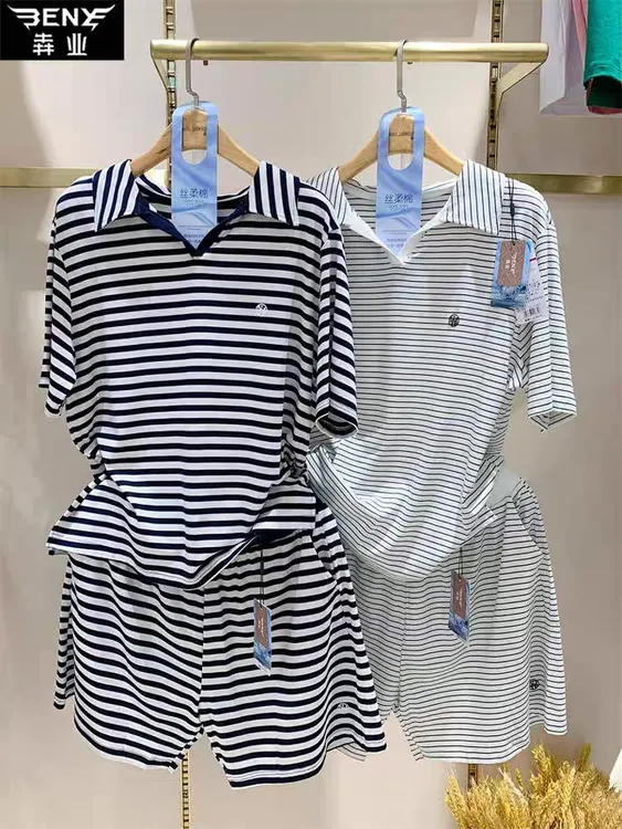 犇业夏季新款宽松休闲套装女条纹翻领短袖短裤套装9711/TB109S