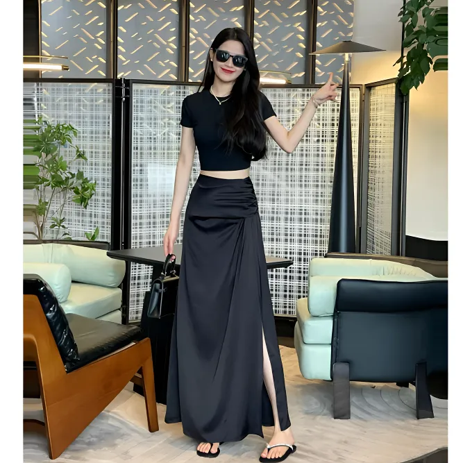 法式气质辣妹压褶侧开叉半身裙女夏季新款韩版高腰显瘦A字长裙