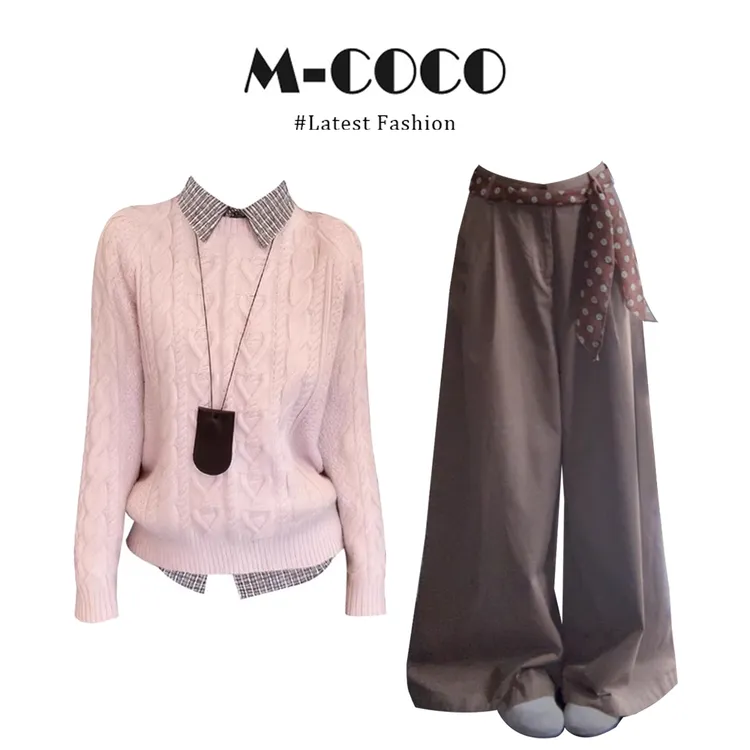 MARIE.COCO韩系甜美风粉色针织马毛衣叠穿长袖衬衫冬季休闲裤套装