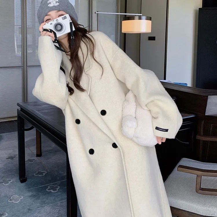 燕麦色双面毛呢大衣女2025秋冬时尚韩版宽松中长款爆款过膝呢外套