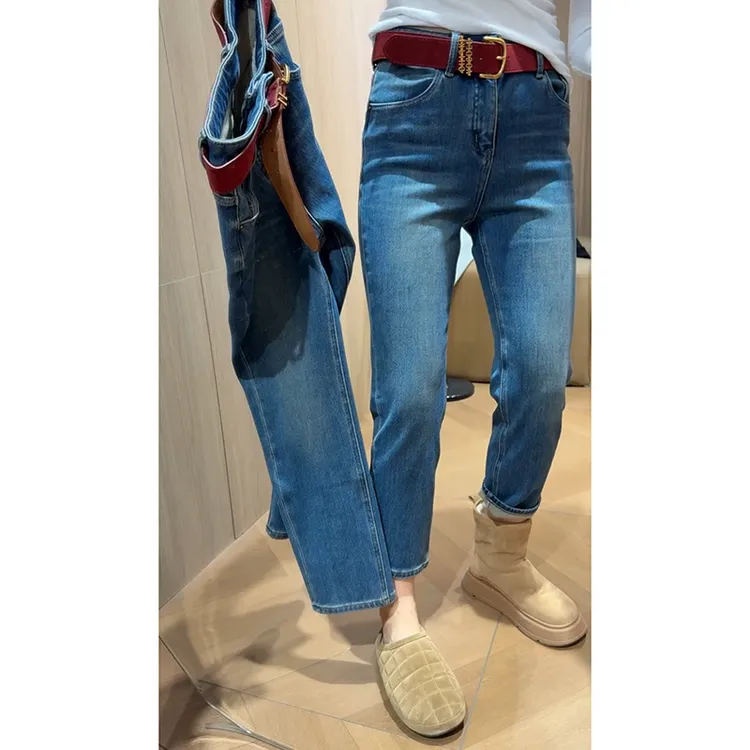 加绒加厚弹力直筒牛仔裤女2025秋冬新款大码高腰显瘦窄版九分裤子
