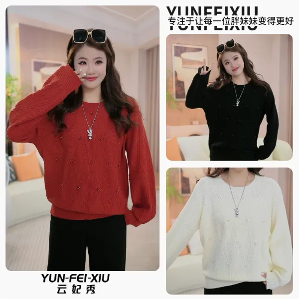 云妃秀大码女装针织衫时尚休闲胖妹妹显瘦宽松圆领上衣冬季76009