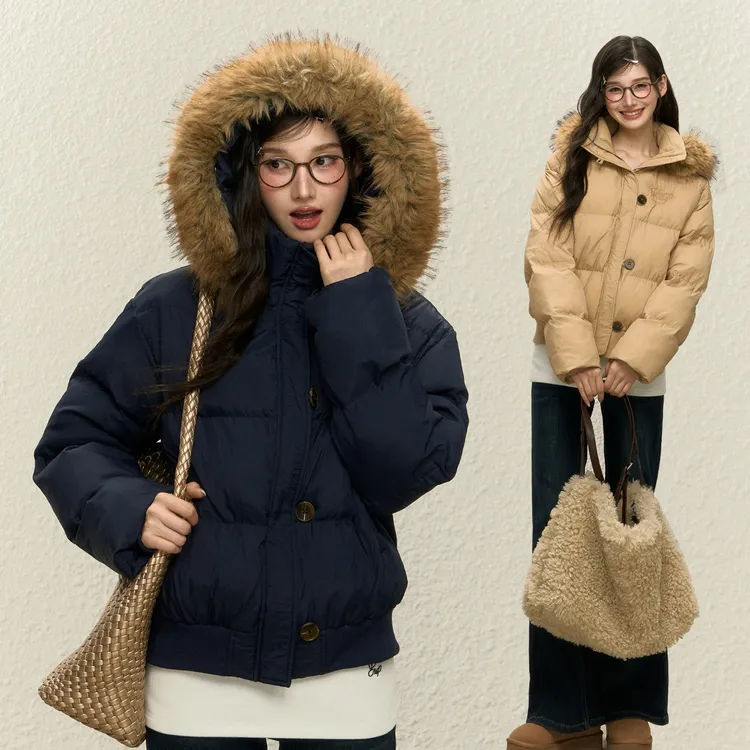 ELEVEN SLEEP冬季藏青色羽绒服女韩系通勤拉扣大毛领保暖短款外套