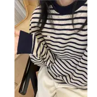 3379条纹圆领毛衣针织衫女新款宽松内搭打底衫上衣复古百搭