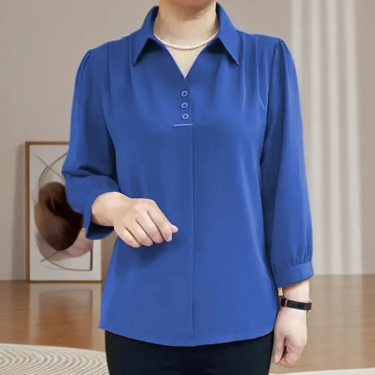 妈妈装翻领小衫女T恤九分袖衬衫中老年显瘦纯色上衣大码气质衬衣