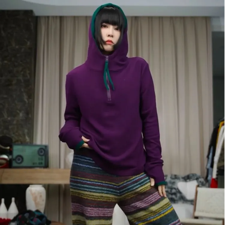 infobyfive2025秋冬澳绒双色撞色连帽半拉链打底衫壹NF0510048