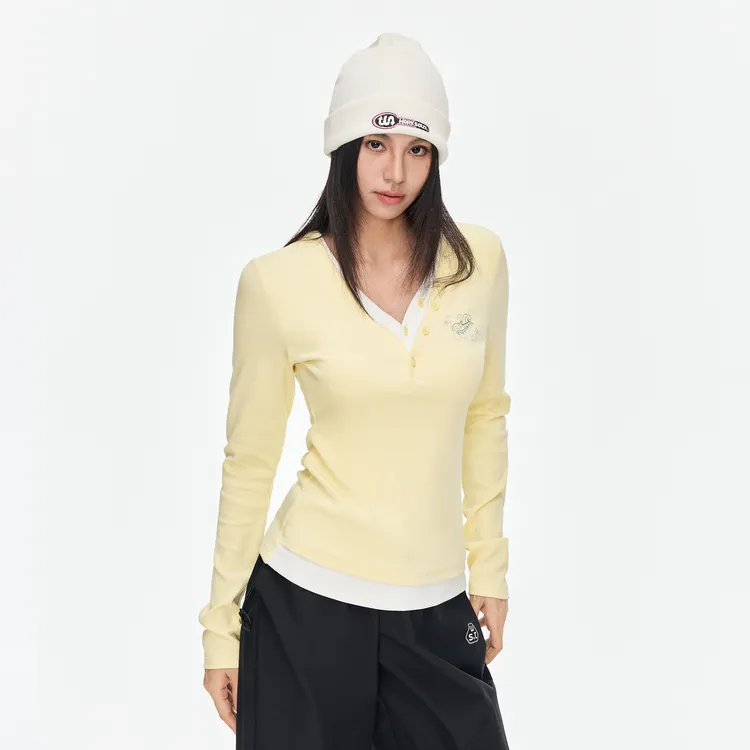 NICEBAD假两件V领海豚烫钻撞色长袖复古美式休闲上衣