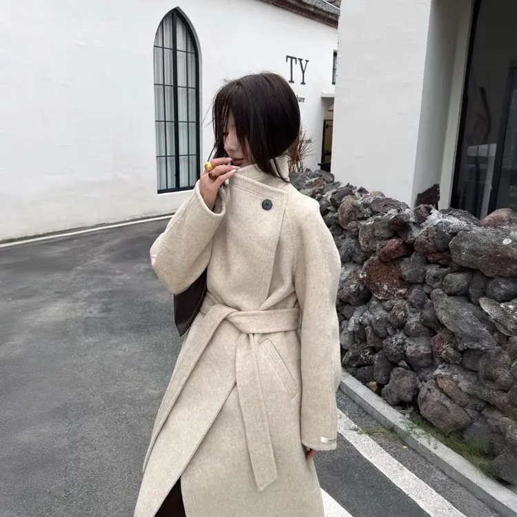 女款冬季纯色长款立领秋冬毛呢外套时尚双面羊毛呢子大衣