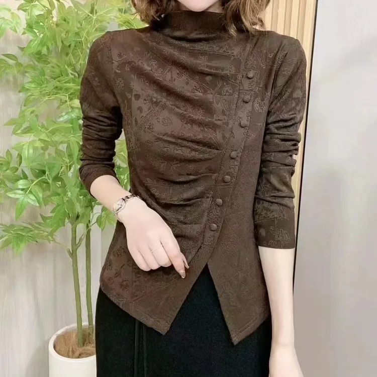 【年终大促】纯色提花半高领斜排扣长袖打底一体绒修身显瘦气质7999