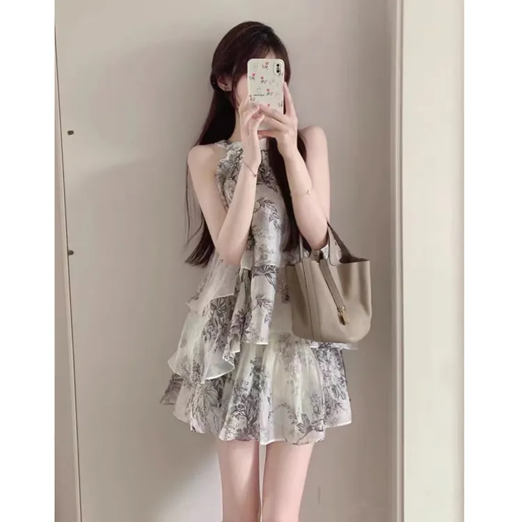 温柔风新中式国风水墨画挂脖吊带连衣裙女夏季高级感漂亮气质短裙