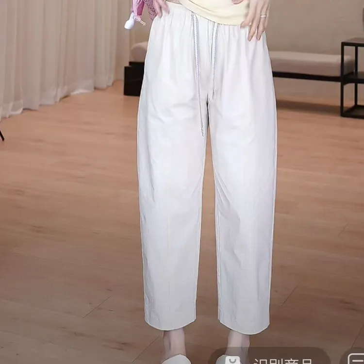 PM王囡囡 杏色编织抽绳松紧腰净色小脚裤 ND1B1112