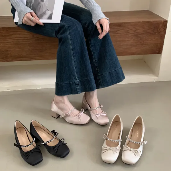 YX-866-81甜美蝴蝶结水钻一字带浅口玛丽珍鞋女配裙子温柔仙女风
