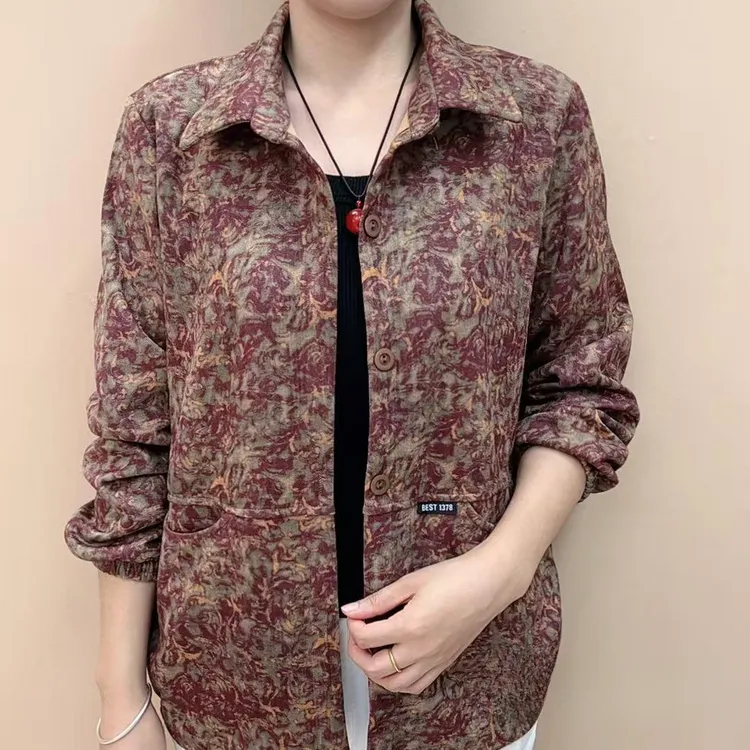 春秋季中老年女装复古碎花长袖外套洋气常规款翻领夹克休闲风