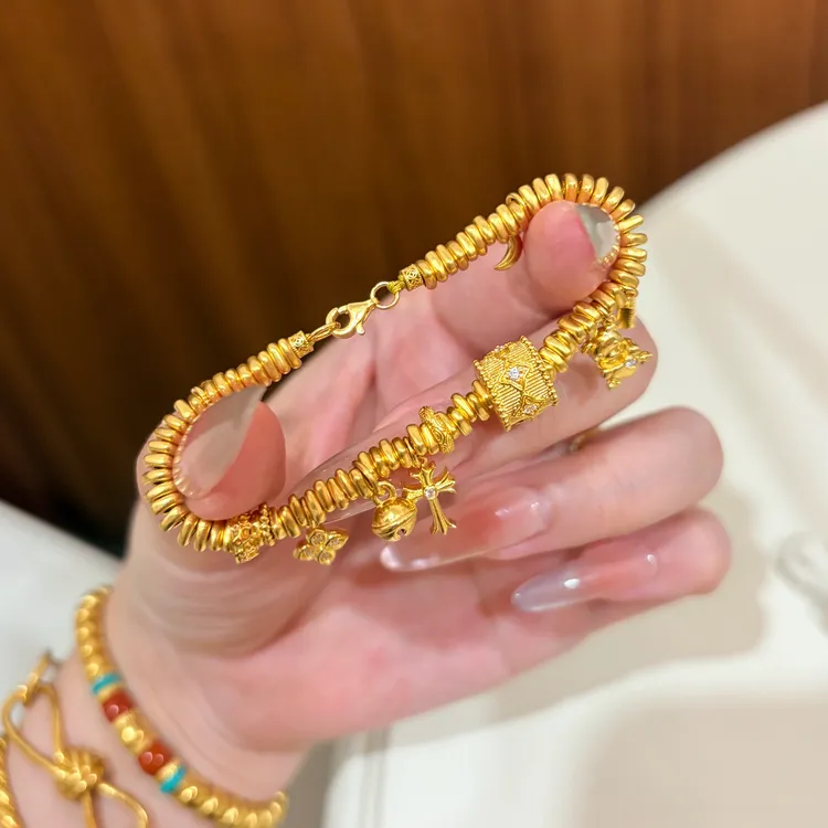 铜合金手链 点钻拉丝四芒星桶珠小熊盘缠手链四叶草手串新中式