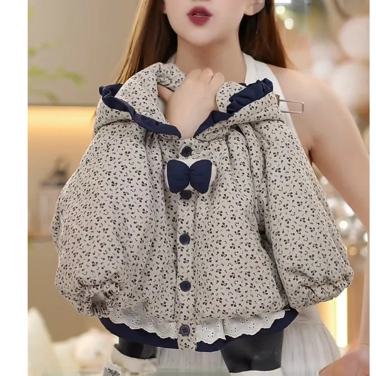 碎花甜美公主小童连帽休闲风时尚立领棉服中长款