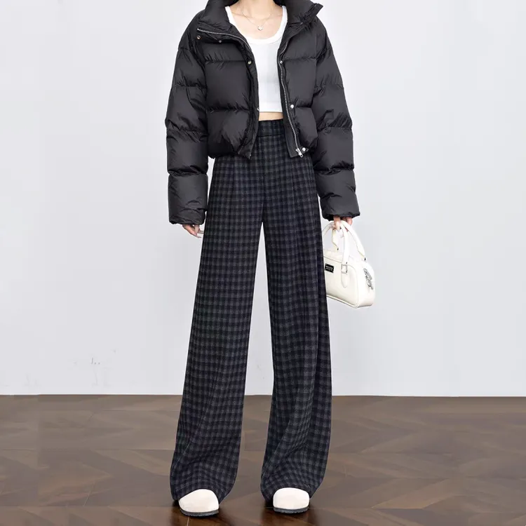 加绒格子阔腿裤女2025秋冬小个子款黑灰色高腰百搭慵懒宽松休闲裤