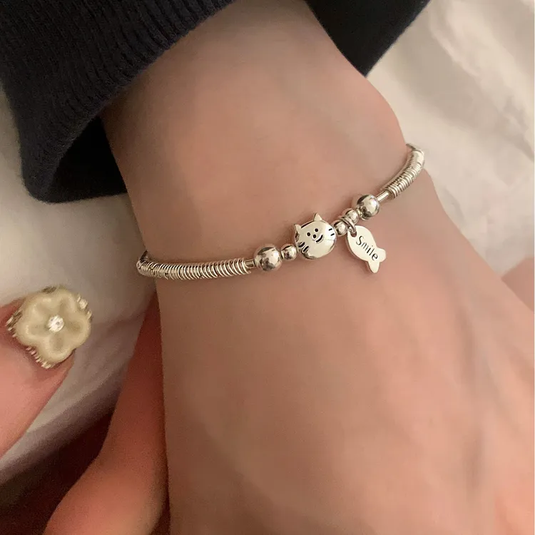 足银手链 简约串珠纯银小盘缠小猫吃鱼手链轻奢小众百搭精致手饰